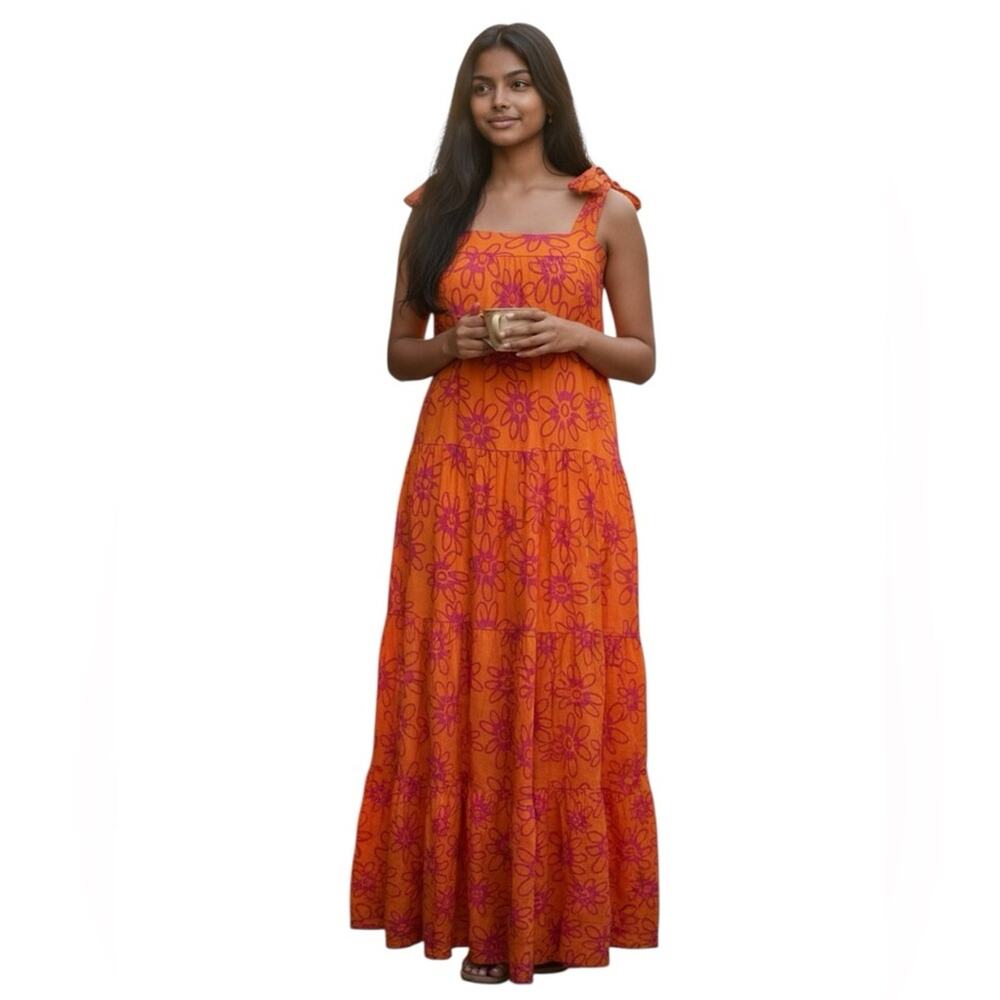 FRNCH Rawen Maxi Dress Tiered Orange and Pink Tie Straps Size XS